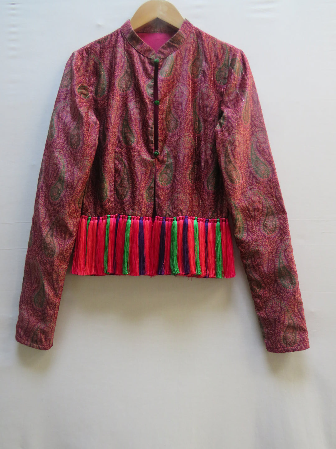 Printed Velvet Blouse With Hand Made Silk Tassels And Button Closure