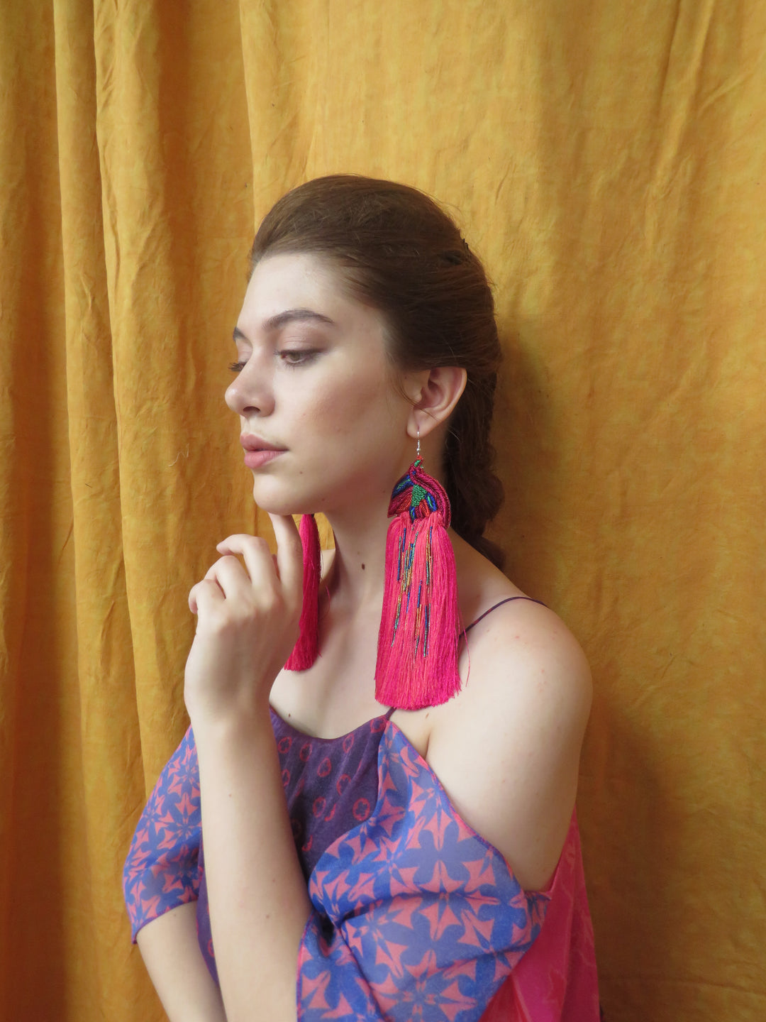 100% Silk Pink Thread And Glass Beads Earing