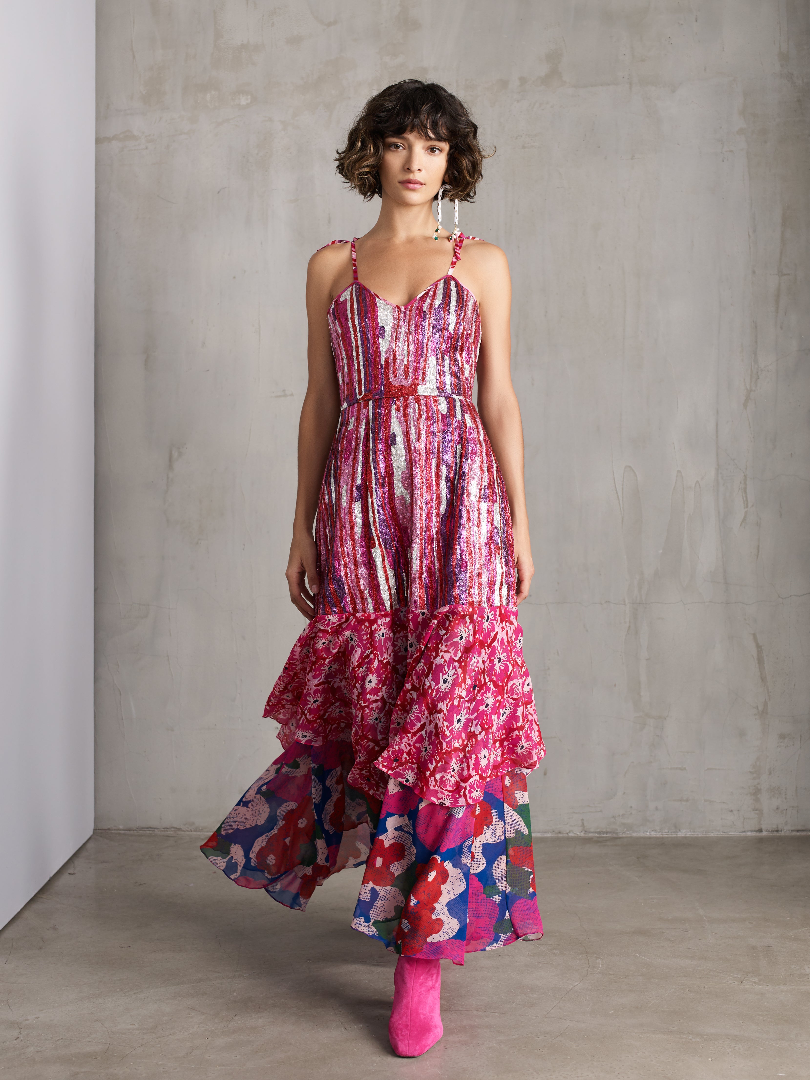 Roopa Pemmaraju Hand Embroidered Dress - Pink Metallic Dress - Designed in New York Xxs