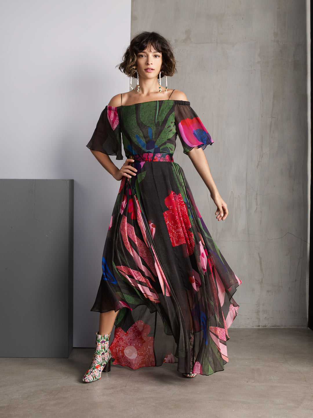 Asymmetric Off-Shoulder Floral Dress
