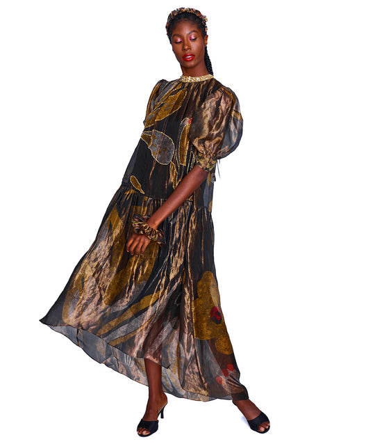 Gilded Silk Organza Puff Sleeve Maxi Dress