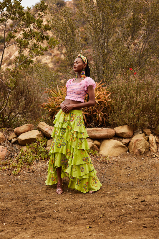 Embroidered Neon Voile Maxi Skirt