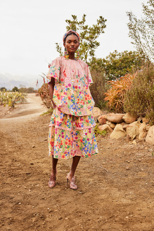 Tiered Poppy Cotton Midi Skirt