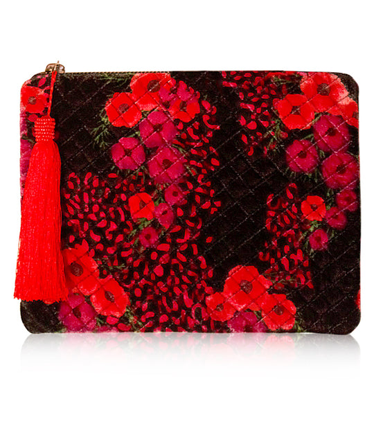 Silk Cluster Flower Pouch in Black and Red