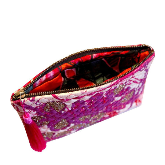 Hand Embroidered Violet Floral Silk Tassel Pouch