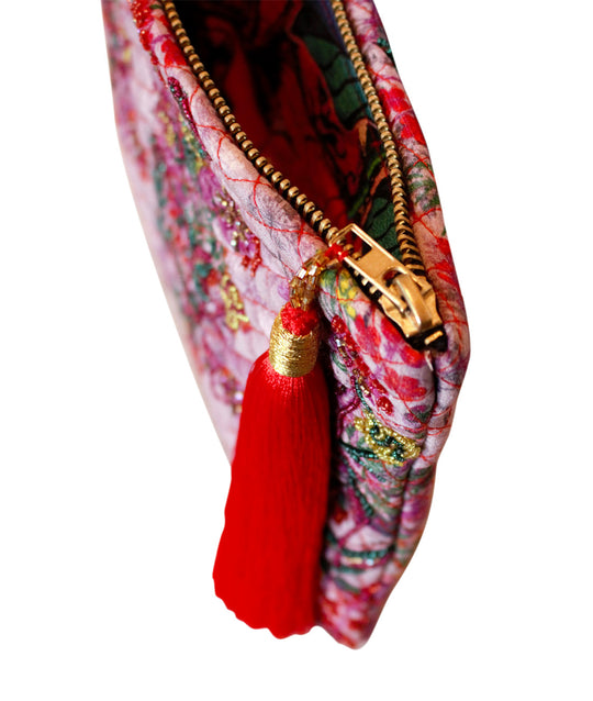 Hand Embroidered Pink Floral Silk Tassel Pouch