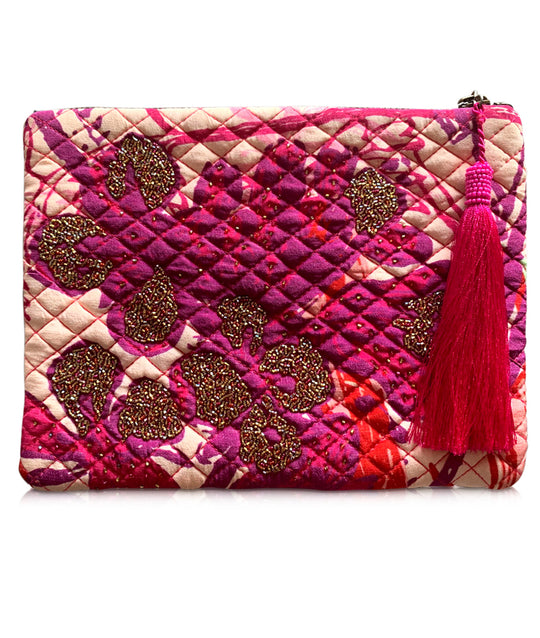 Hand Embroidered Violet Floral Silk Tassel Pouch