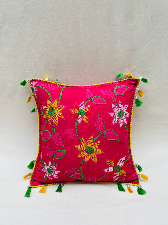 Fuchsia Floral Embroidered Throw Pillow Cover