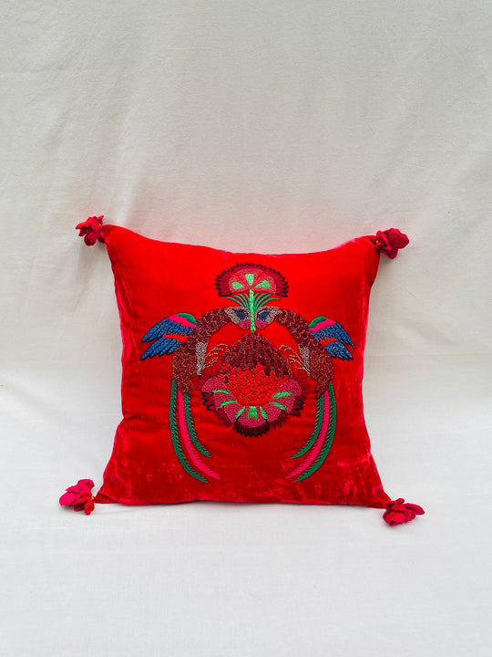 Scarlet Silk Velvet Parakeet Throw Pillow Cover