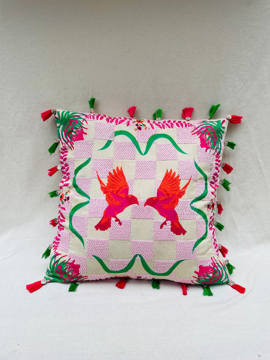 Parakeet Checkered Tassel Throw Pillow Cover