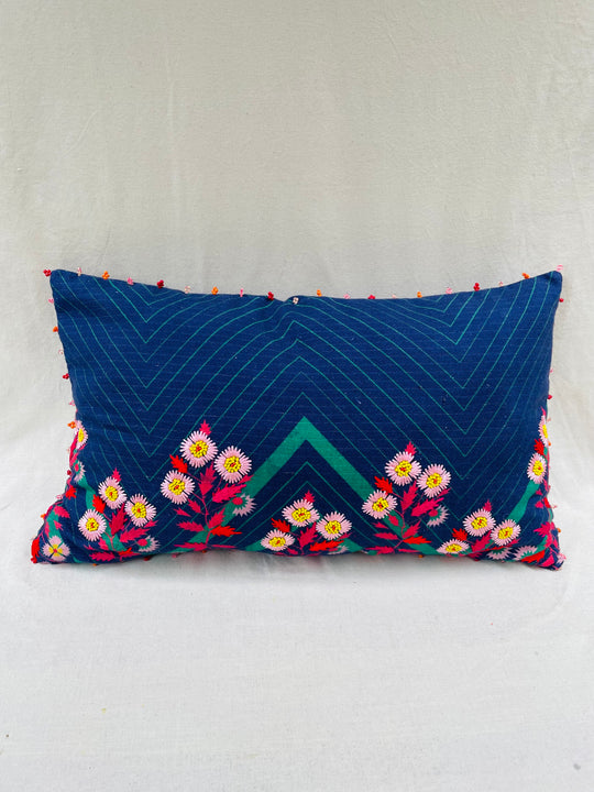 Indigo Blue Hand-Beaded Floral Throw Pillow Cover