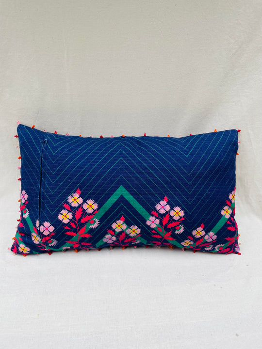 Indigo Blue Hand-Beaded Floral Throw Pillow Cover
