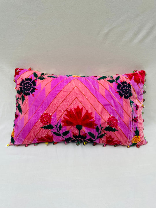 Fuchsia Floral Embroidered Throw Pillow Cover