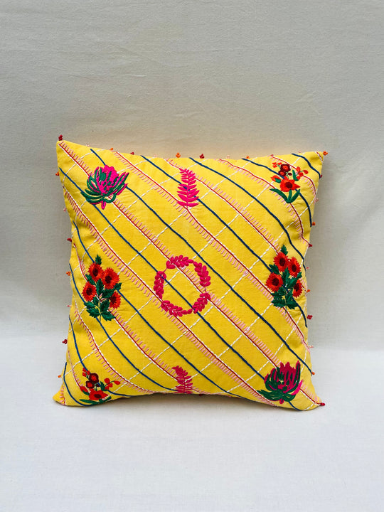 Yellow Floral Embroidered Throw Pillow Cover