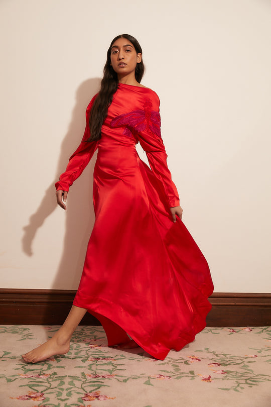 Dahlia Dragonfly Silk Satin Gown
