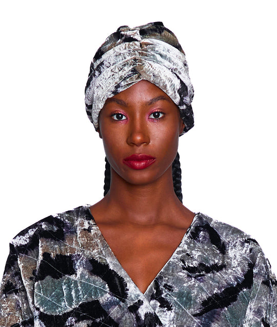 Silver Silk Velvet Ruched Turban