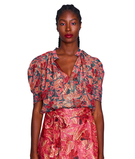 Metallic Silk Short Sleeve Blouse