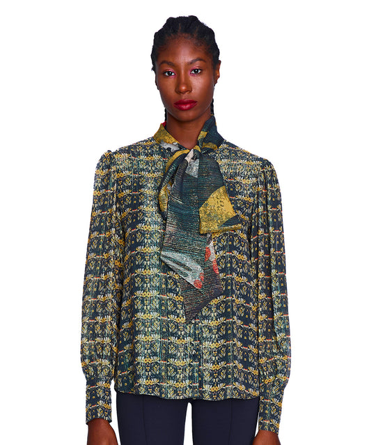 Moonlight Metallic Silk Tie-Up Blouse