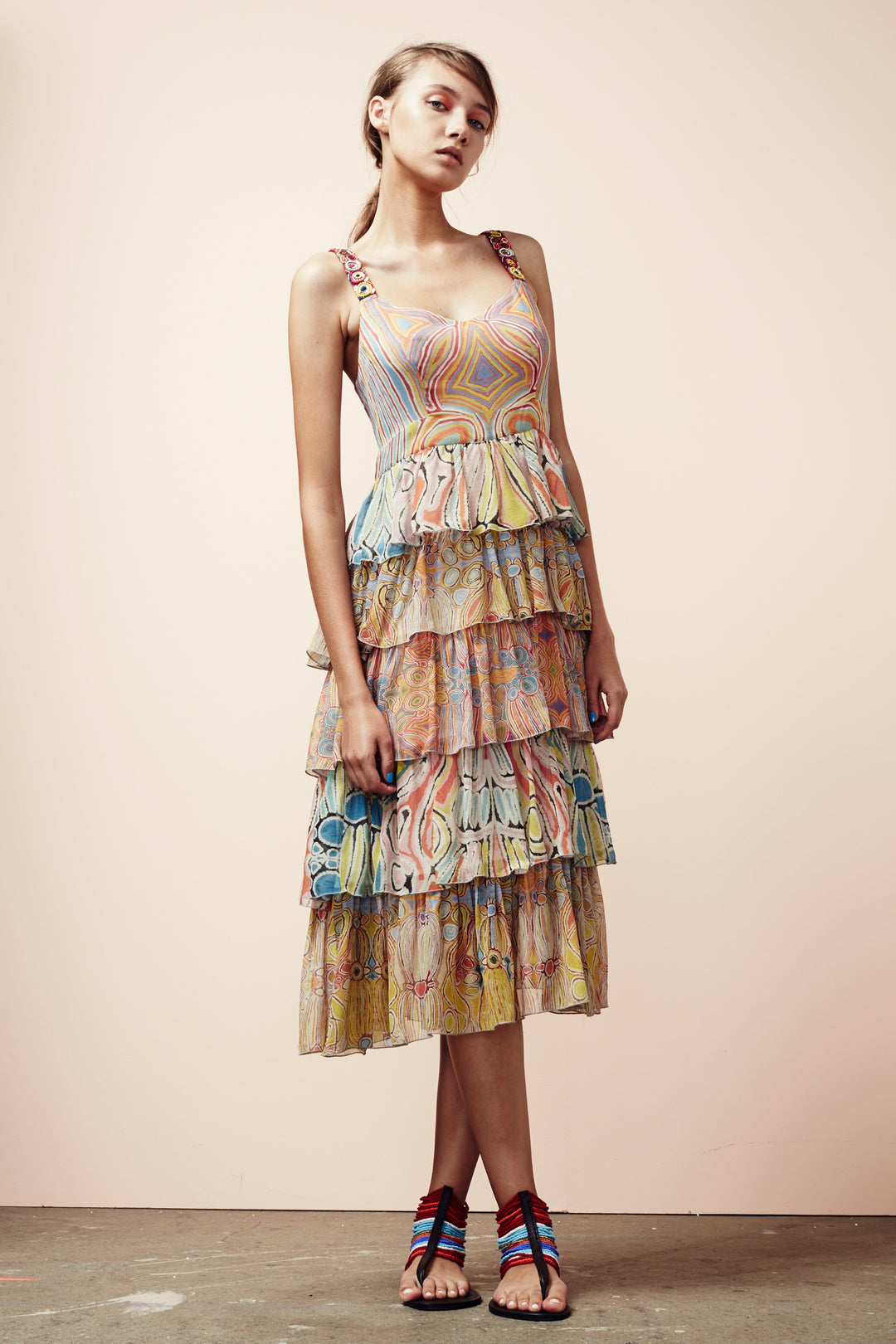 Indigenous Printed Tiered Dress With Hand Embroidered Strap