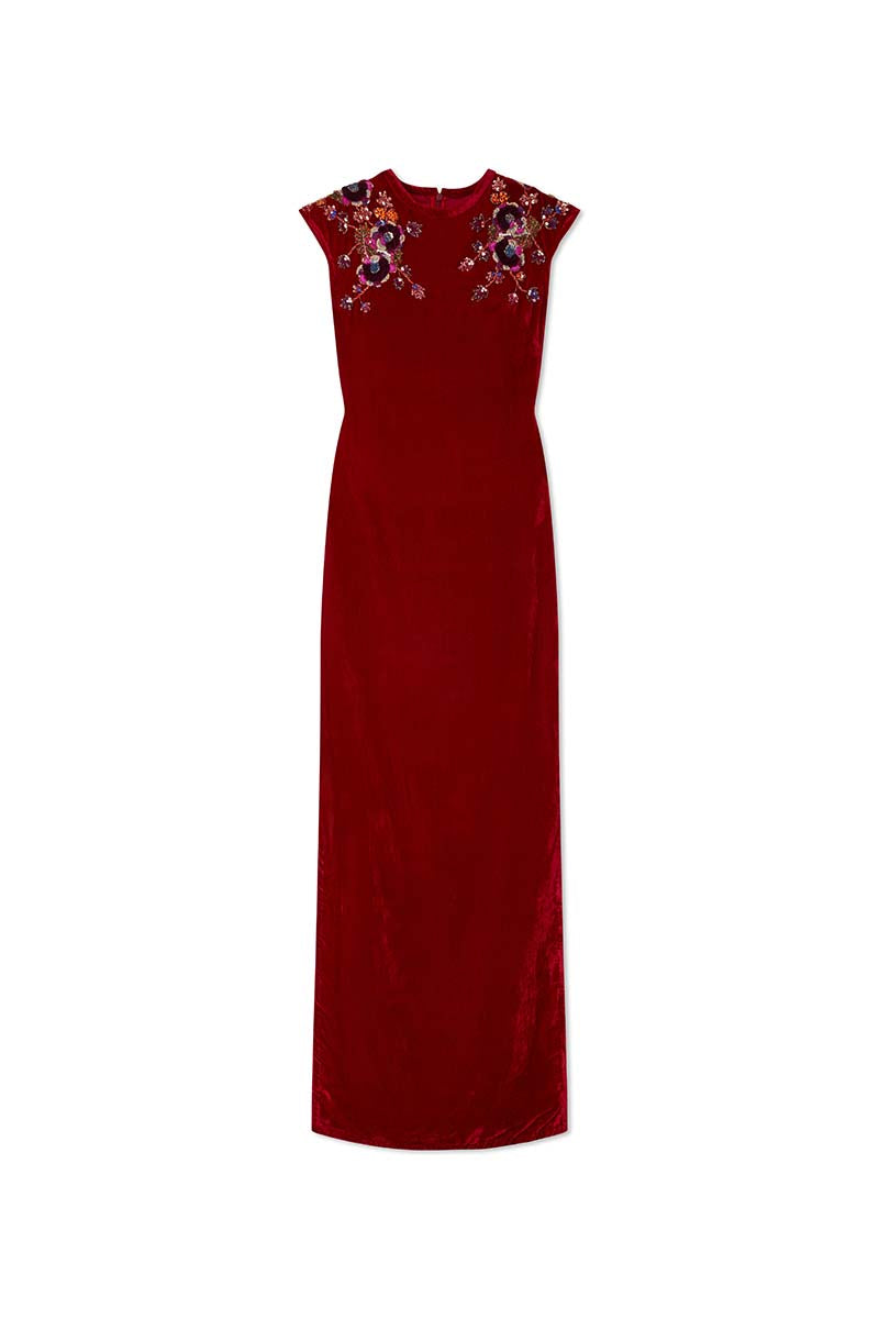 Calyces Silk Velvet Embellished Gown