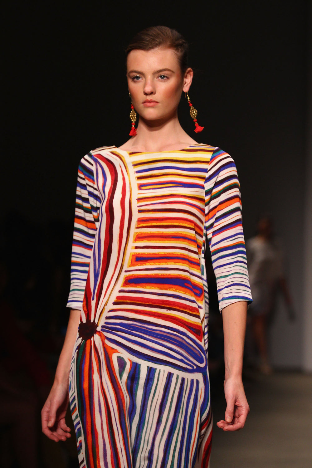 Indigenous Print Stripe Midi  Dress