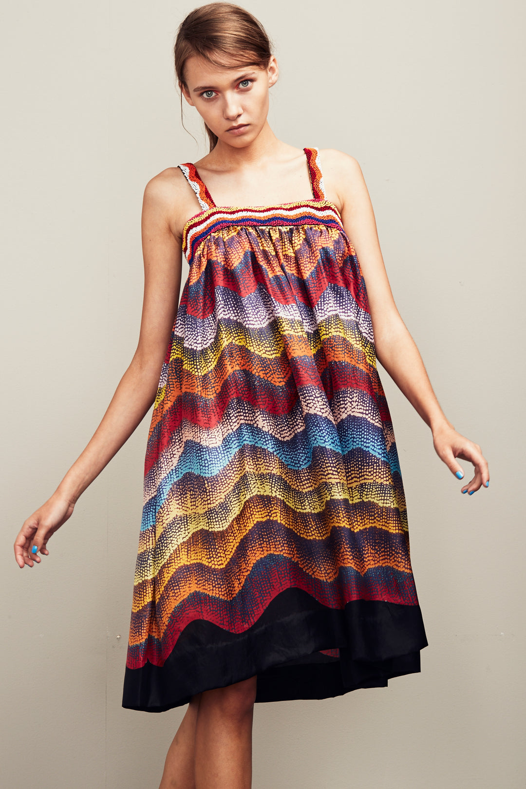 Indigenous Printed  Gathered Dress With Hand Embroidered Strap
