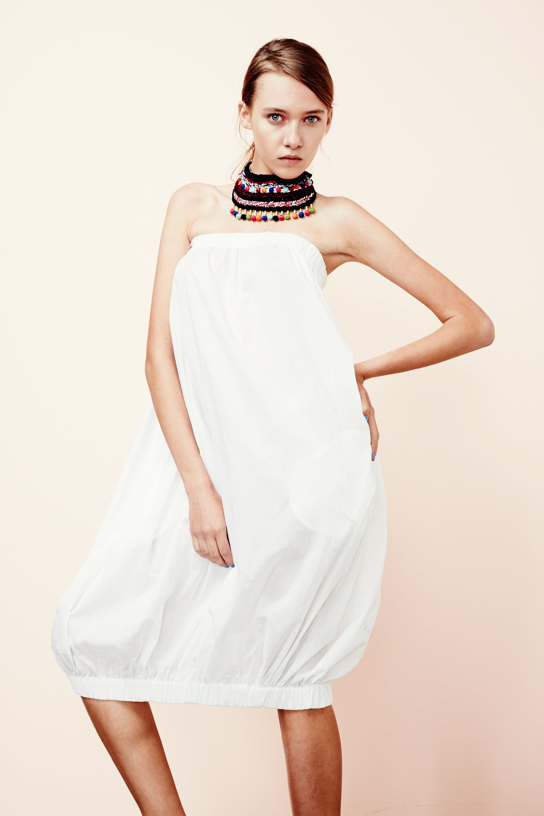 Indigenous Solid White Gathered Balloon Dress
