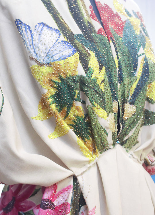 Hand Embroidered Printed Silk Crepe Kaftan Dress
