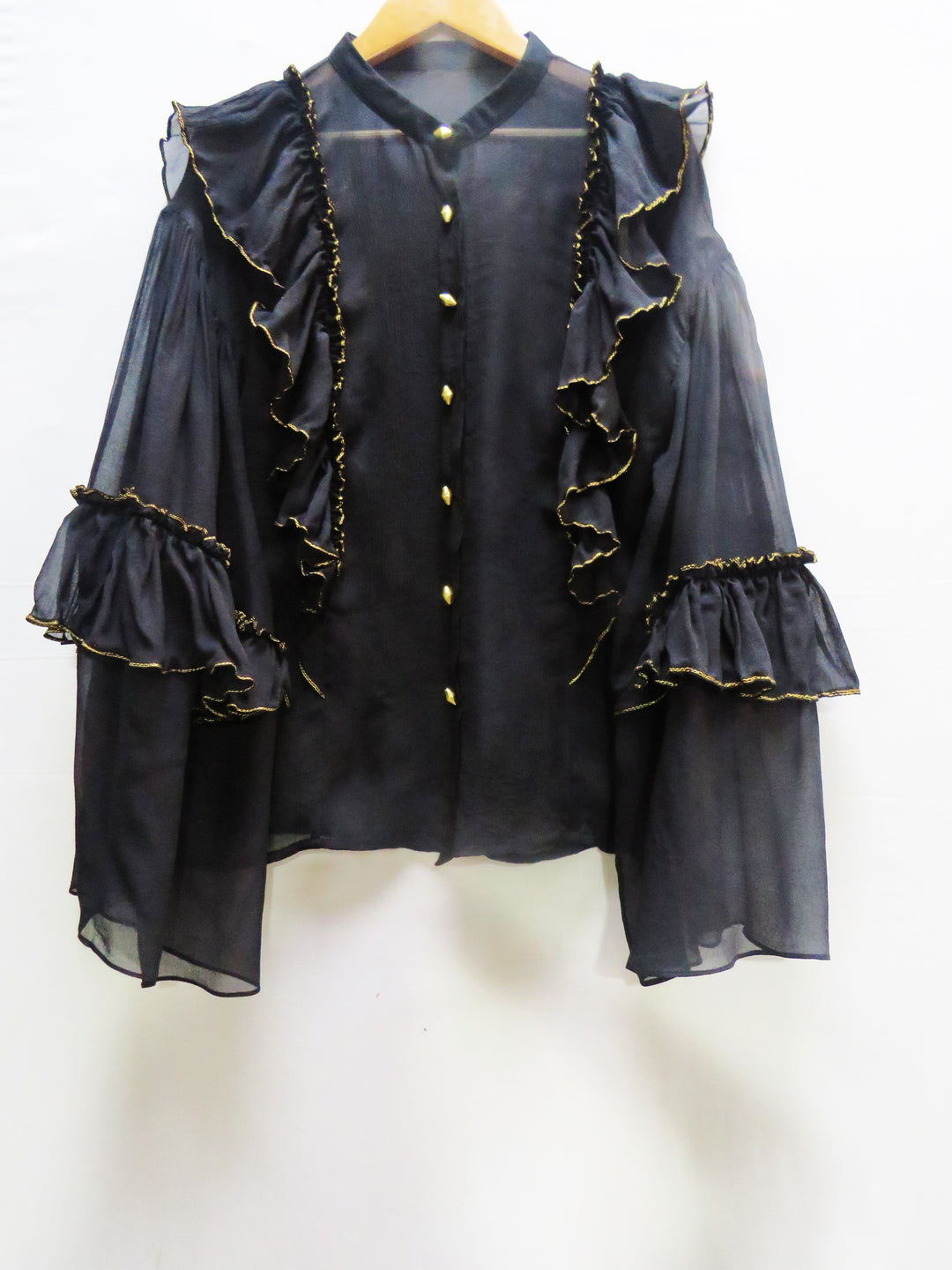Solid Black Silk Chiffon Blouse With Gold Edged Ruffles And Gold Buttons