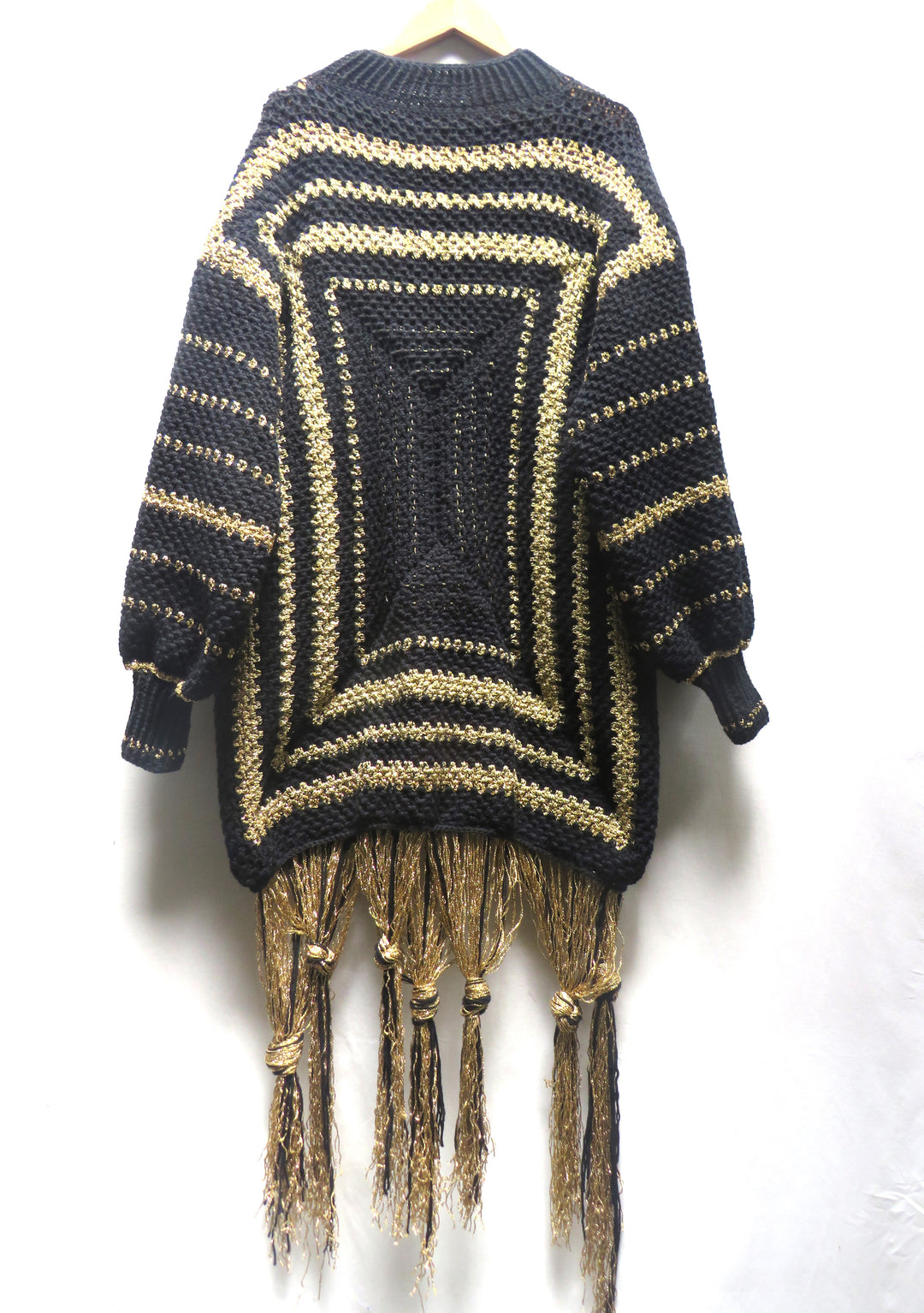 Hand Knitted Metallic Black Sweater Dress With Tassels