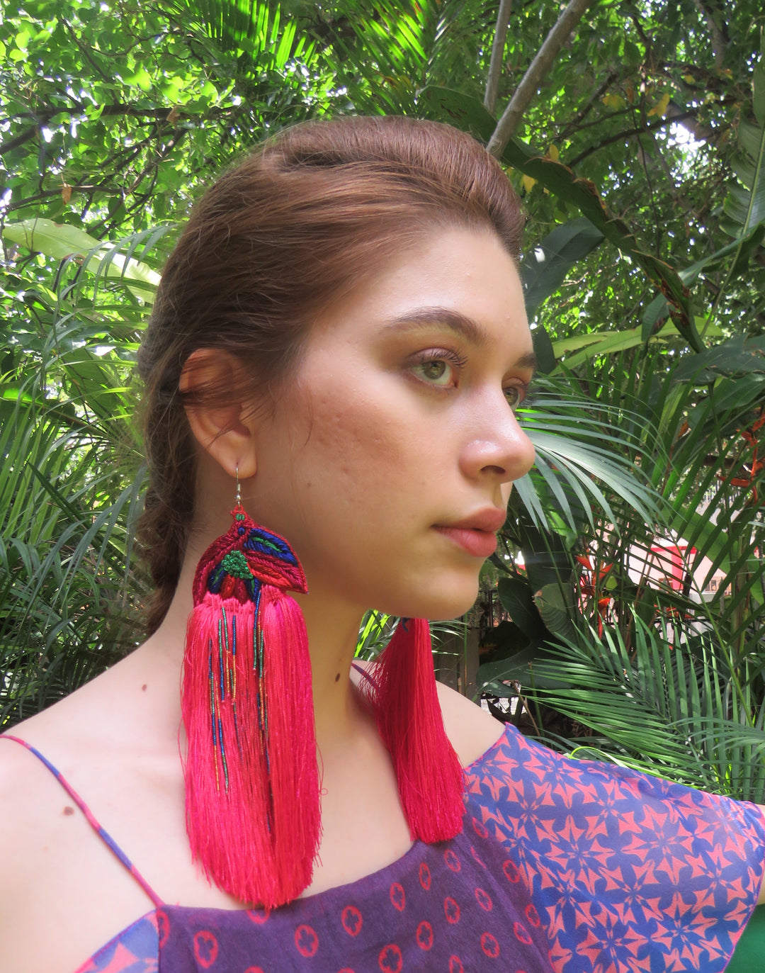 Hand Embroidered Tassel Pink Bird Ear Rings