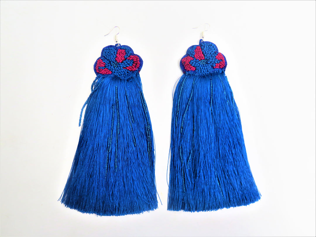 Hand Embroidered Floral Blue Tassel Ear Rings