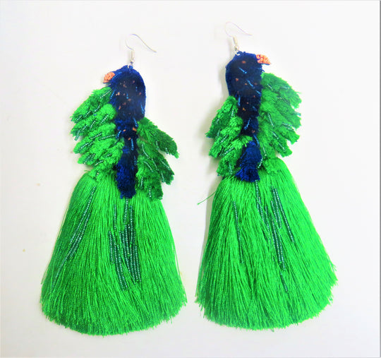 Hand Embroidered Tassels Parrot Bird Ear Rings