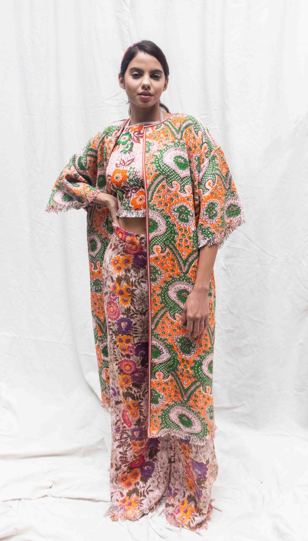 Hand Woven Printed Cotton Reversible Kimono With Frayed Hem