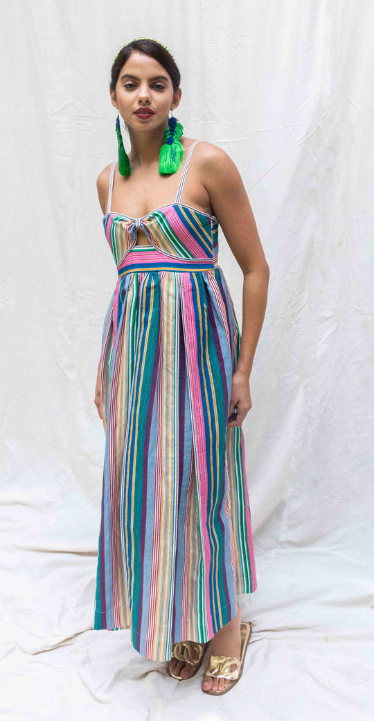 Linen Printed Stripe Cut Out Midi | Roopa Pemmaraju