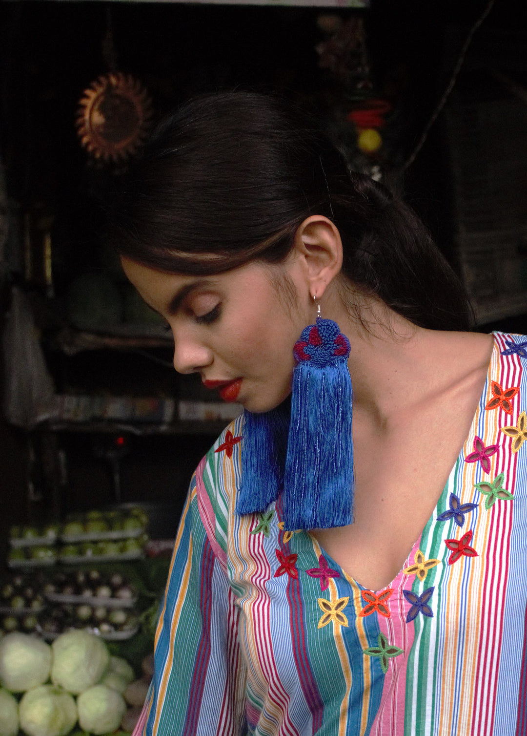 Hand Embroidered Floral Blue Tassel Ear Rings