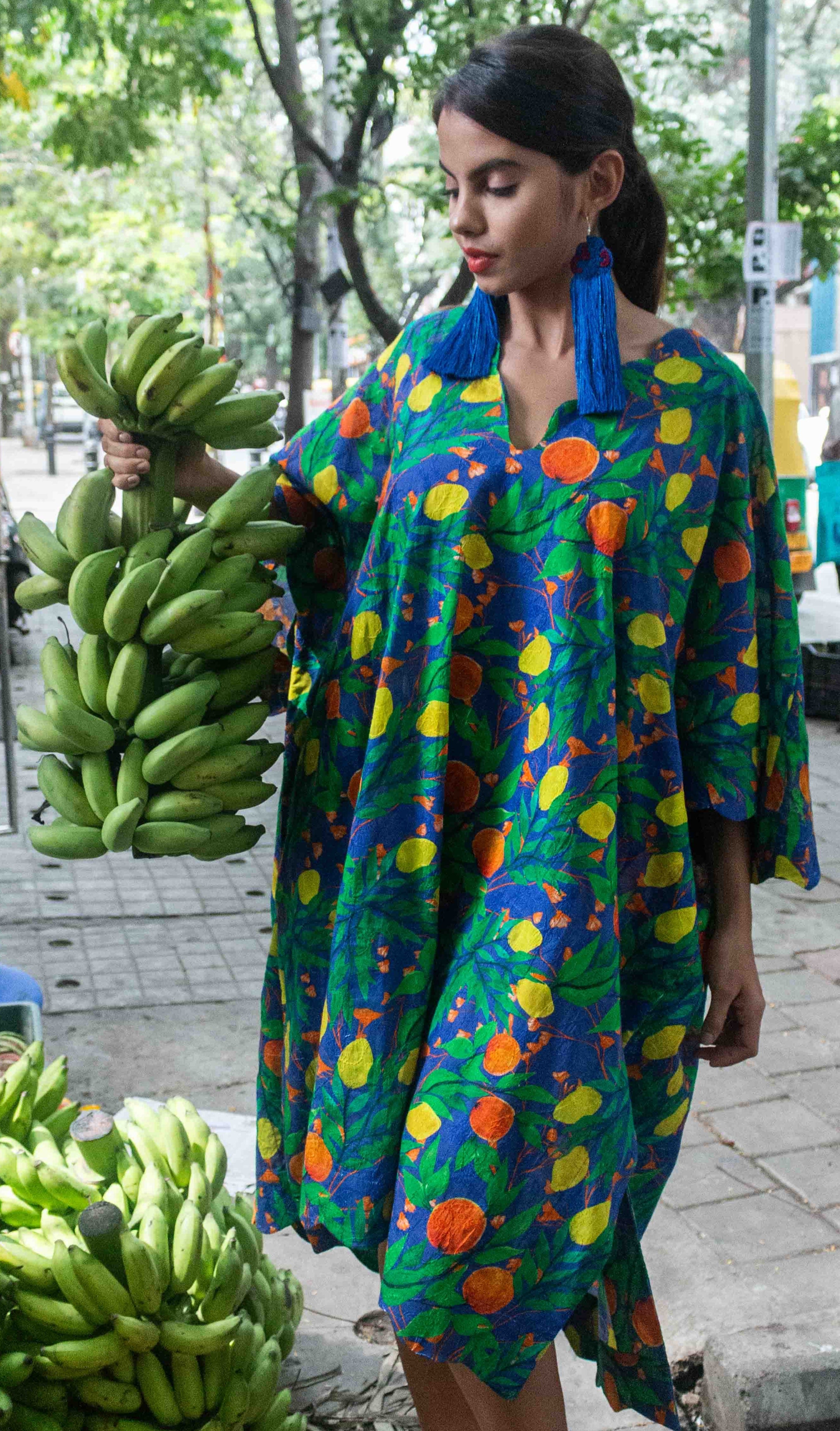 Cotton Schiffli Citrus Print Kaftan | Roopa Pemmaraju