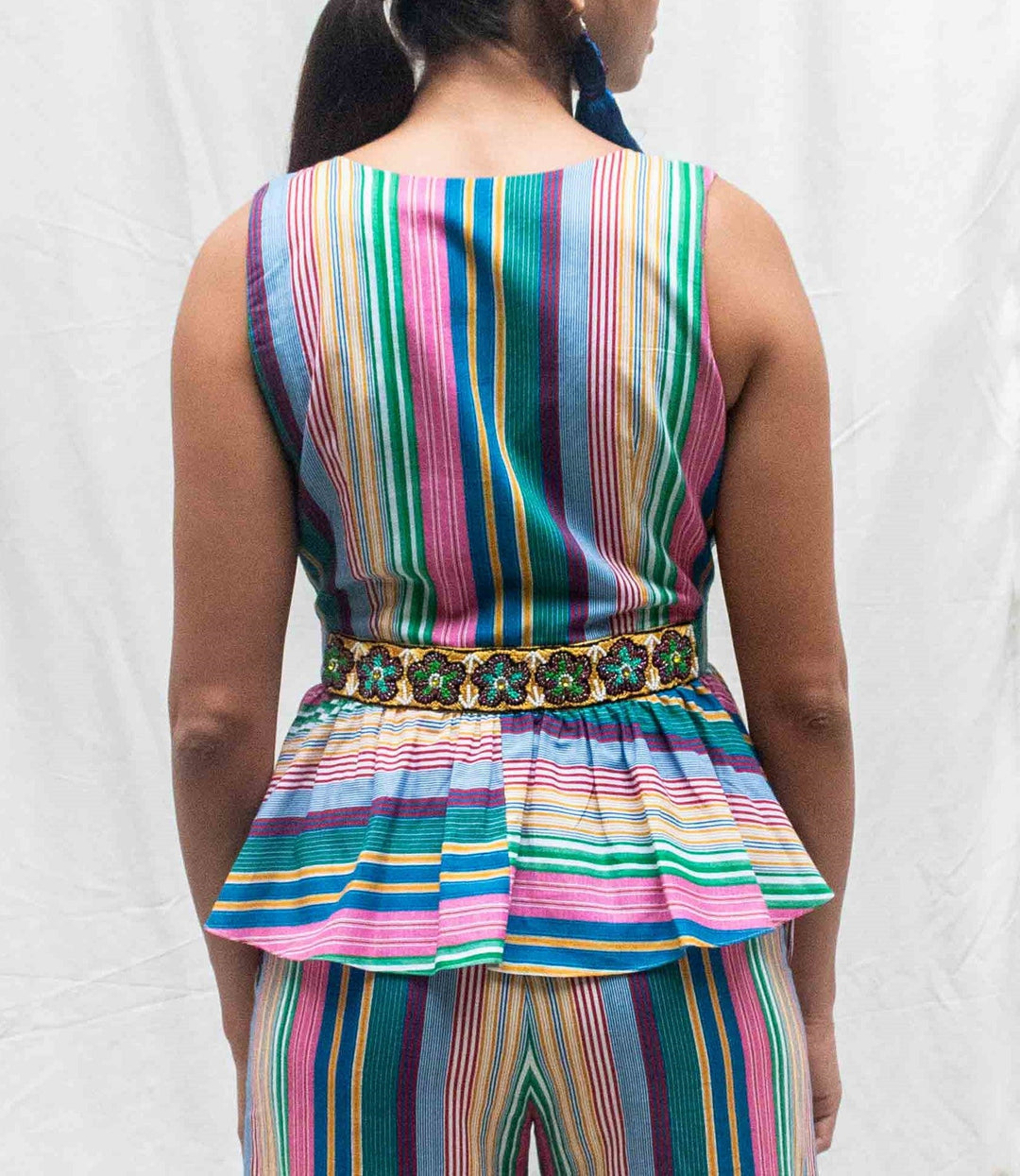 Cotton Printed Stripe Sleeveless Top With Hand Embroidered Waist Band | Roopa Pemmaraju