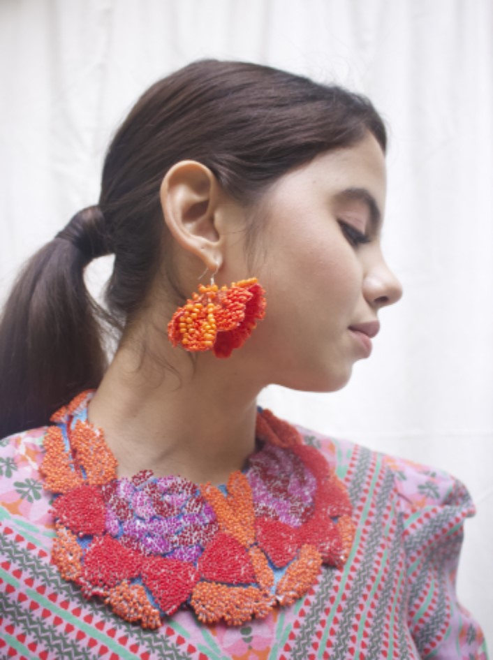 Hand Embroidered Orange Floral Chunky Neck Piece