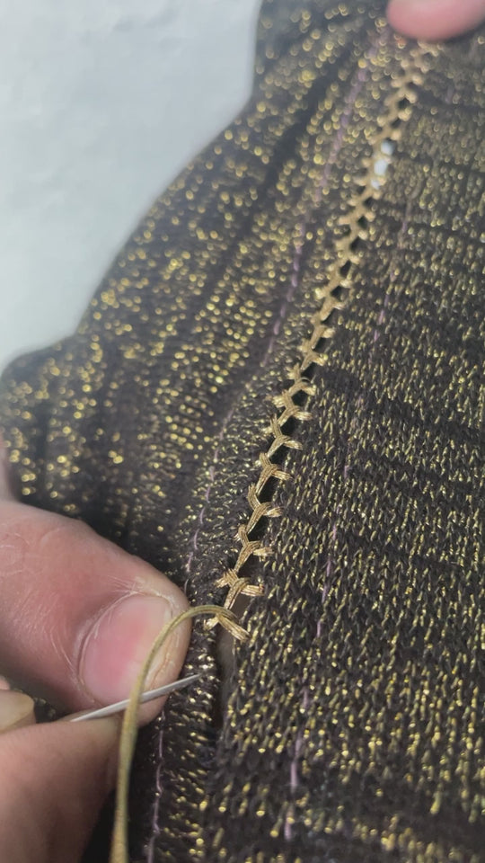 Hand Beaded Mandarin Collar Patch Work Knit Dress With Gold Criss Cross Stitch