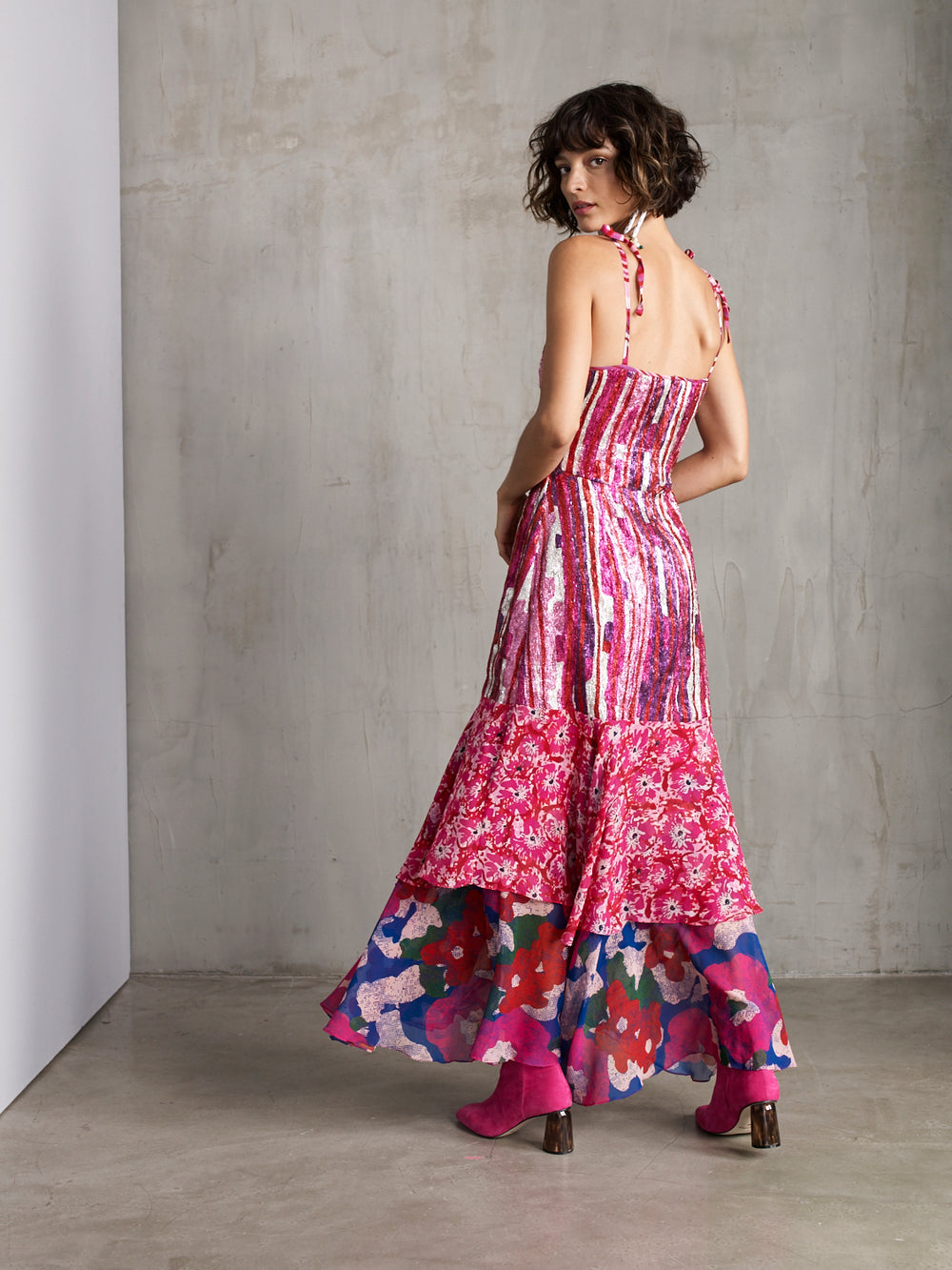 hand embroidered dress, Pink metallic hand embroidered tiered long dress