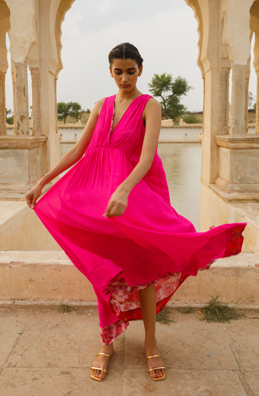 Rani Pink & Wine Georgette Sequence Work Gown & Dupatta