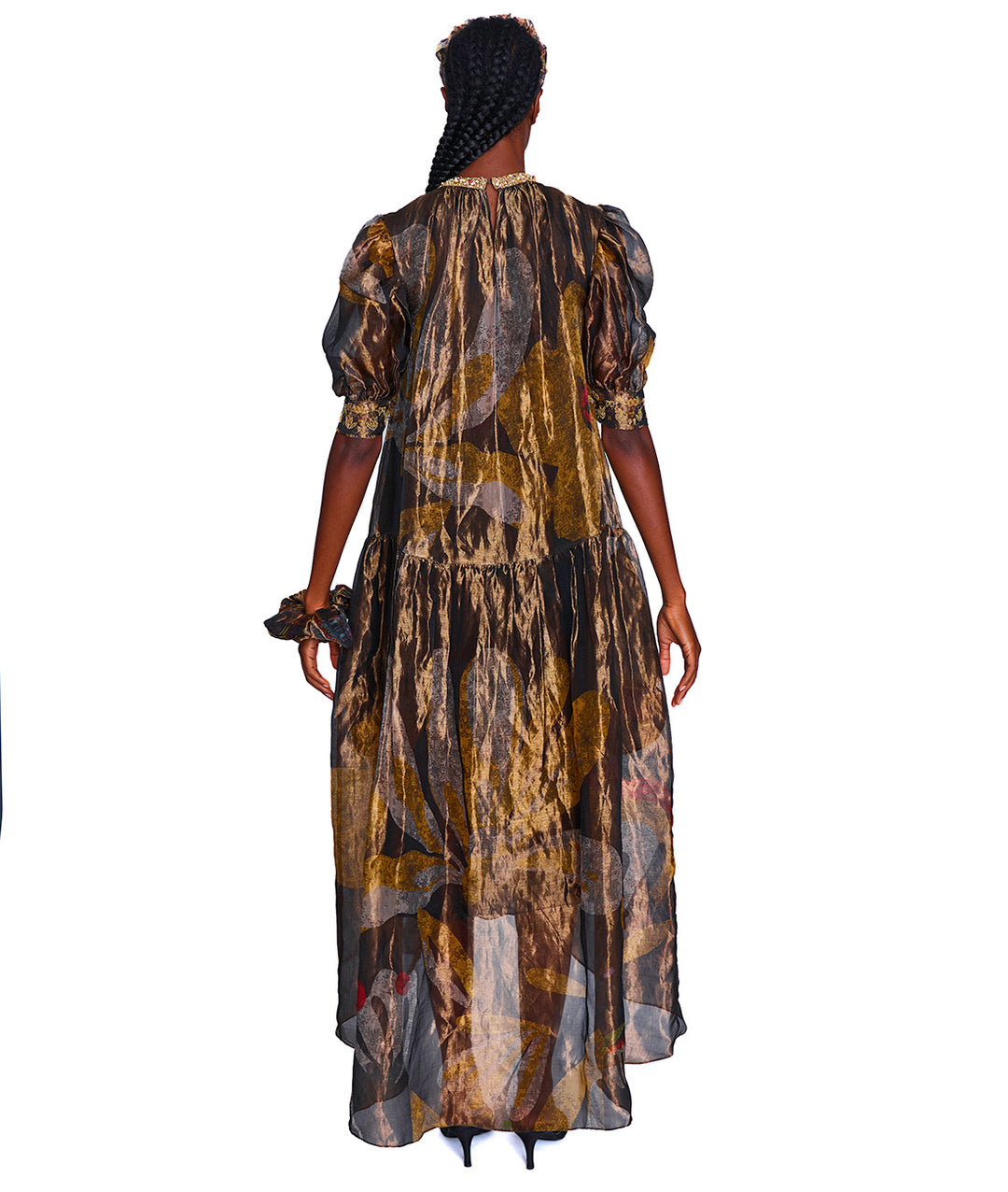 Gilded Silk Organza Puff Sleeve Maxi Dress