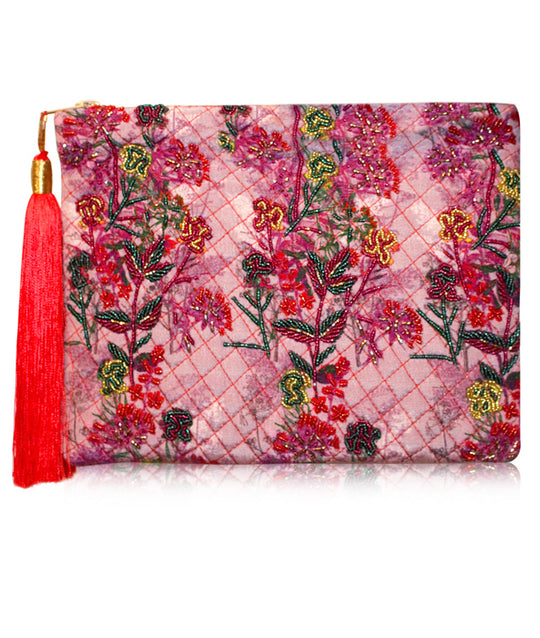 Hand Embroidered Pink Floral Silk Tassel Pouch