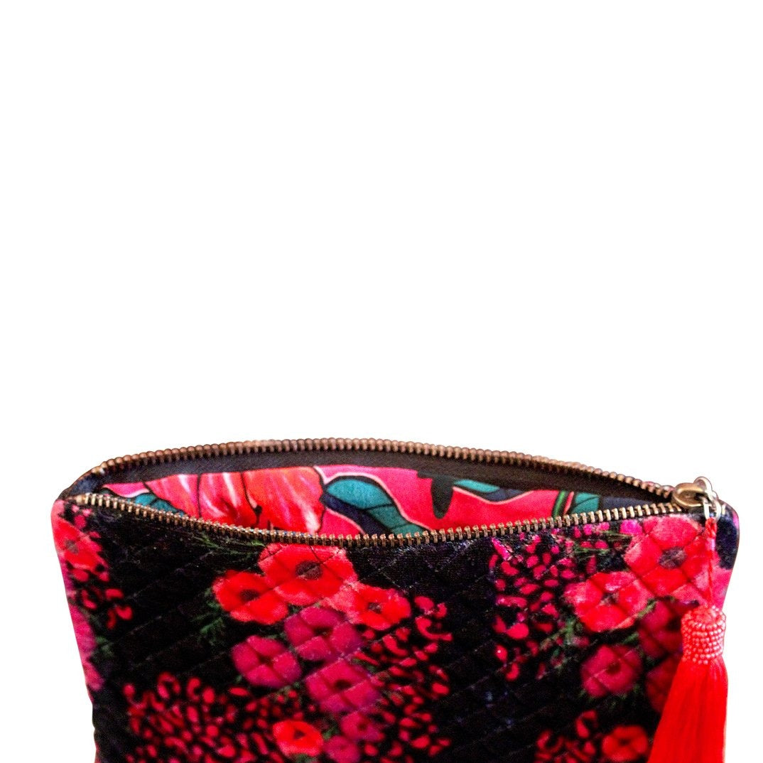 Silk Cluster Flower Pouch in Black and Red