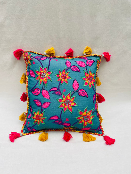 Hand-Embroidered Floral Tassel Throw Pillow Cover