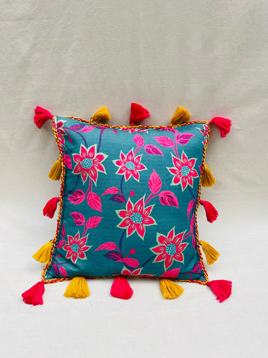 Hand-Embroidered Floral Tassel Throw Pillow Cover