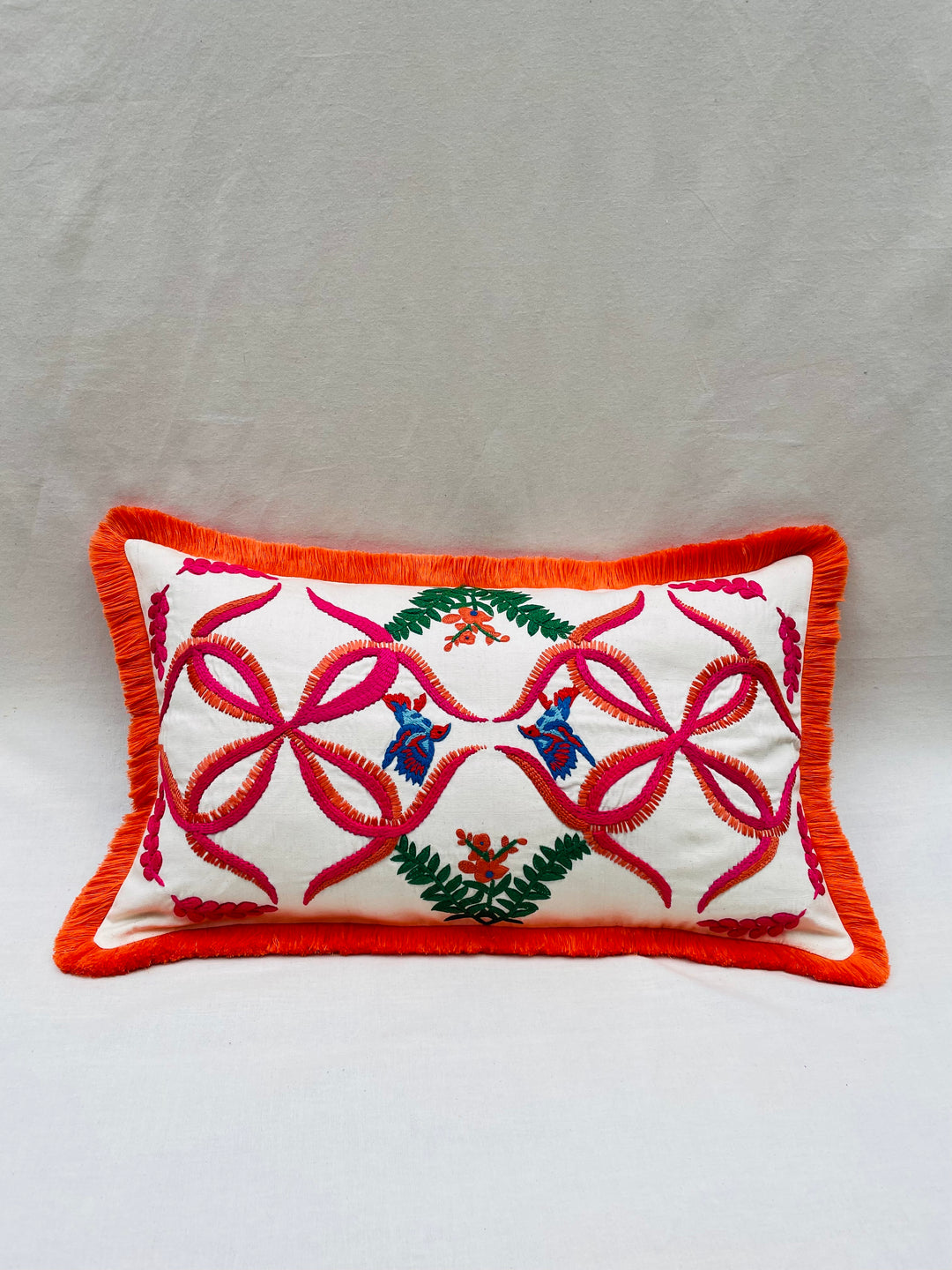 Hand-Embroidered Parakeet Fringe Throw Pillow Cover