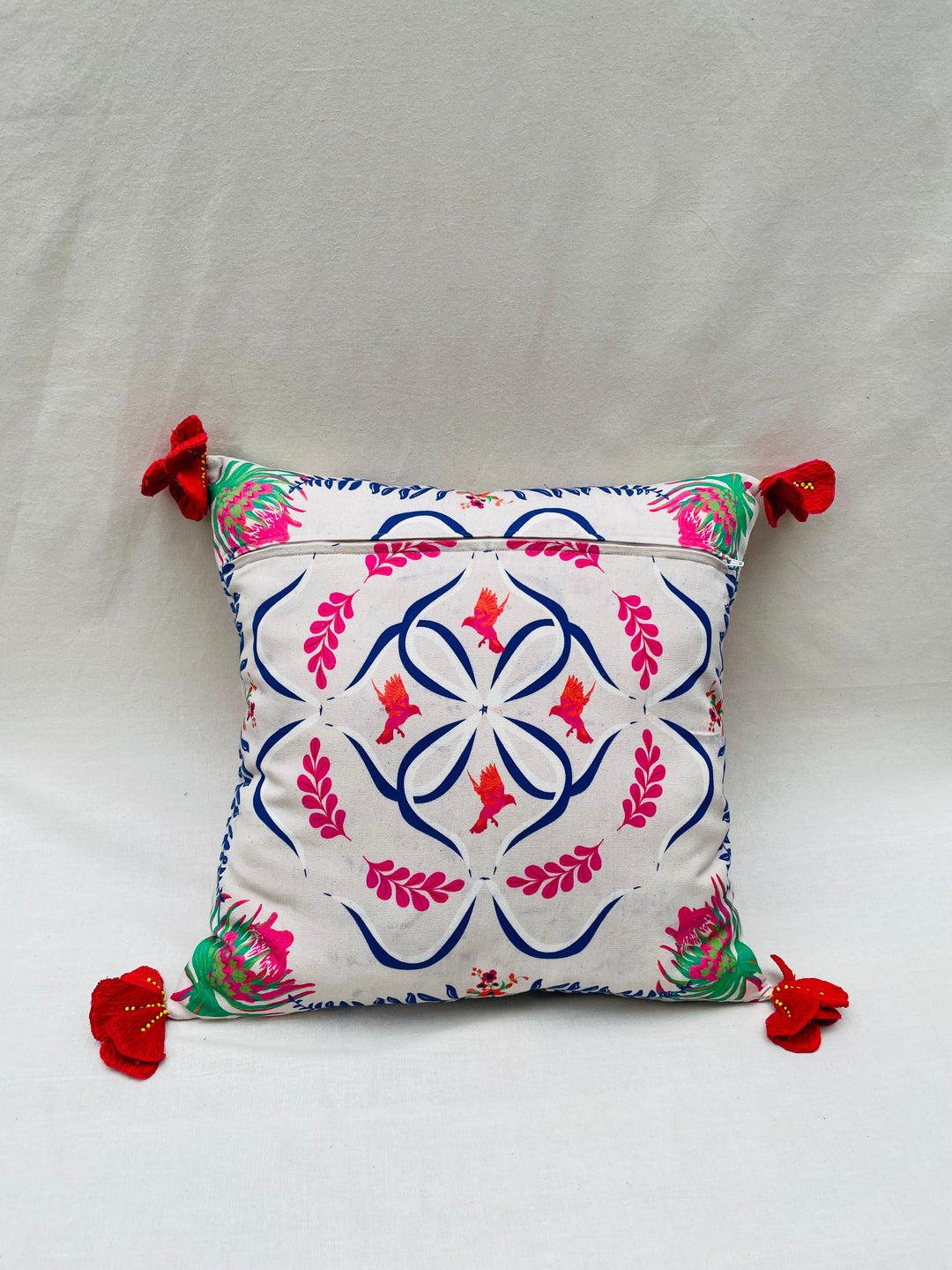 Hand-Embroidered Parakeet Throw Pillow Cover