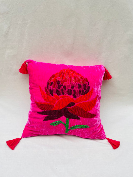 Fuchsia Hand-Embroidered Flower Throw Pillow Cover